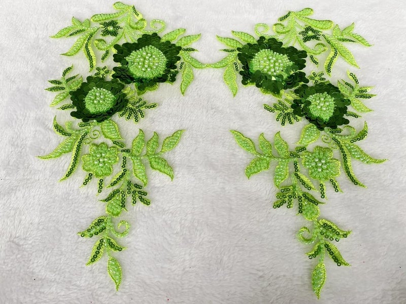 wtbvn Sewing Beads lace Applique one Pair sew on Pearl Trimming Patch Decorative Accessories for Clothes 2pieces/Bag 11.8X7.08inches (Light Green) - Image 3
